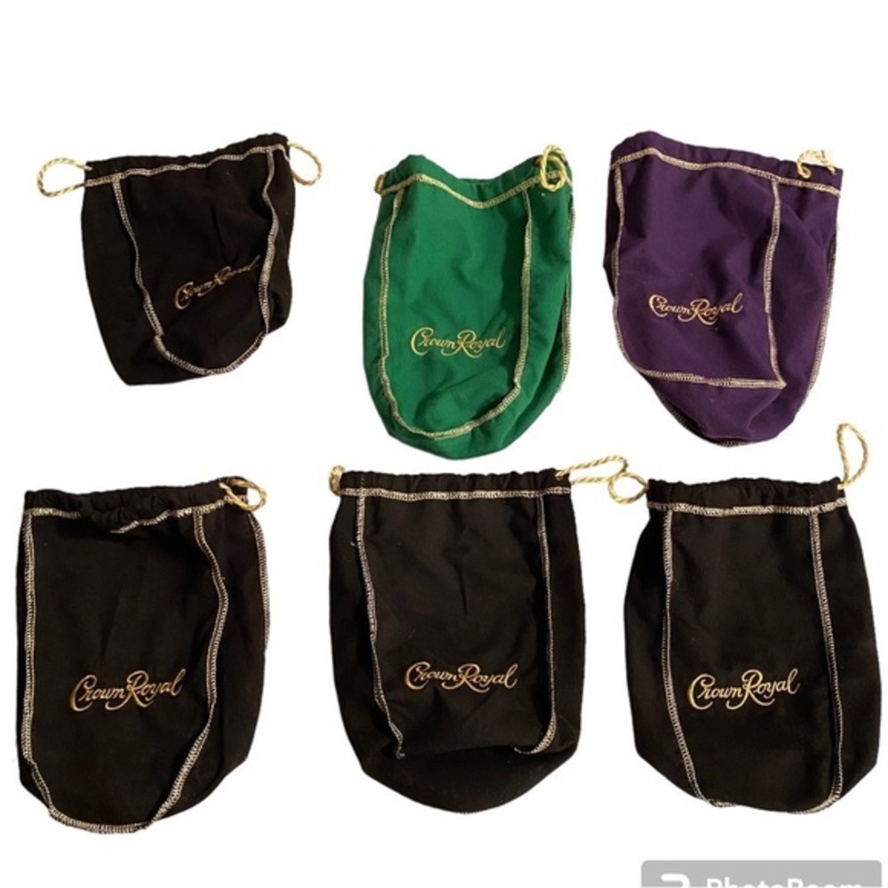 Crown Royal Bags Set Of Six‎ 4 Black 1 Green 1 Purple Draw String
